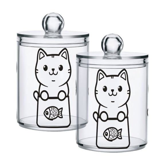 Yayeee 2 Pack Qtip Holder Bathroom Cotton Swab Canister with Lid Clear Dispenser Set, Cute Chubby Cat