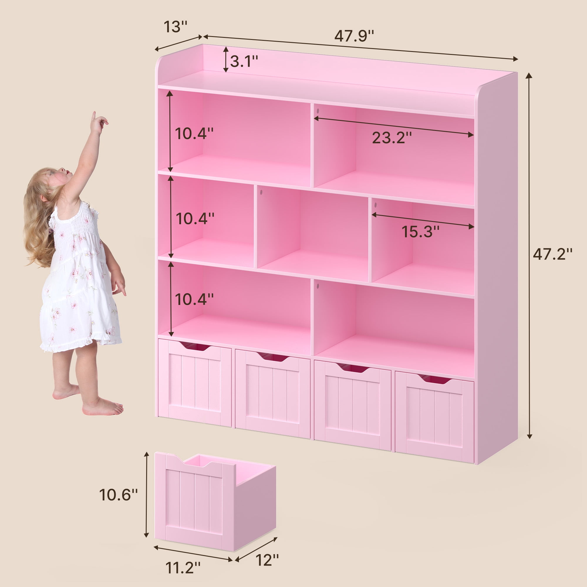 Noelse Toy Storage Cabinet and Kids Bookcase with 4 Movable Drawers and 8 Open Shelves Toy Chest Shelf Organizer with Hidden Wheels for Playroom Nursery Kids Room, Pink