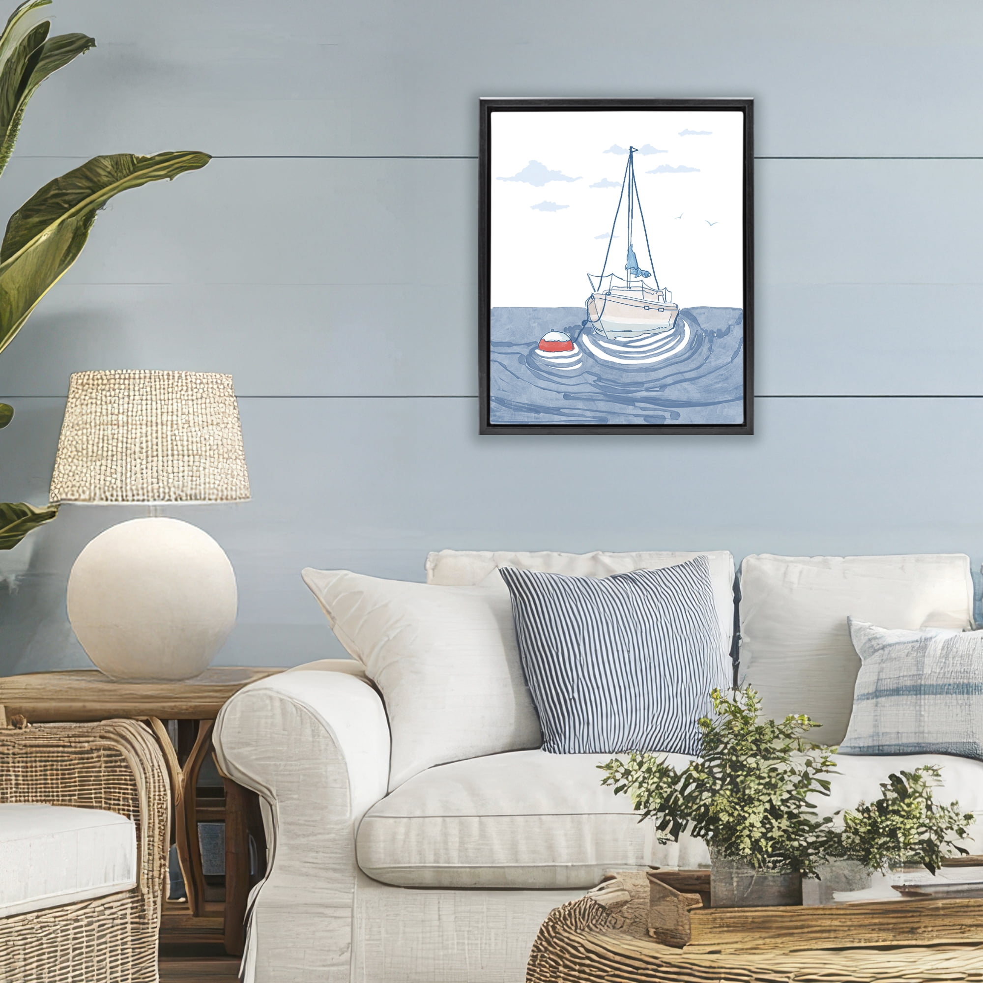 Stupell Industries Cool Tone Sailboat Floating Black Framed Floater Canvas Wall Art, design by Melissa Tilley