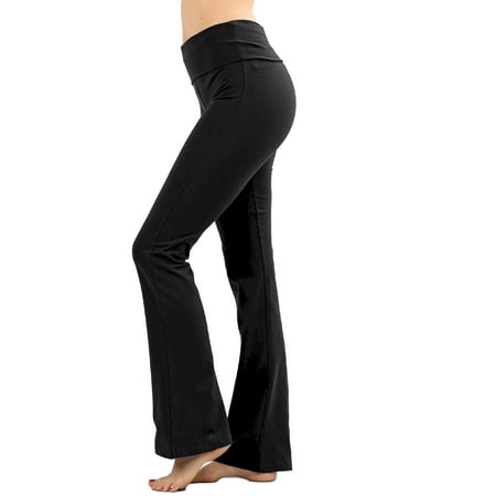 Zenana Women Fold Over Waist Cotton Stretch Flare Leg Boot Cut Yoga Pants Leggings Black