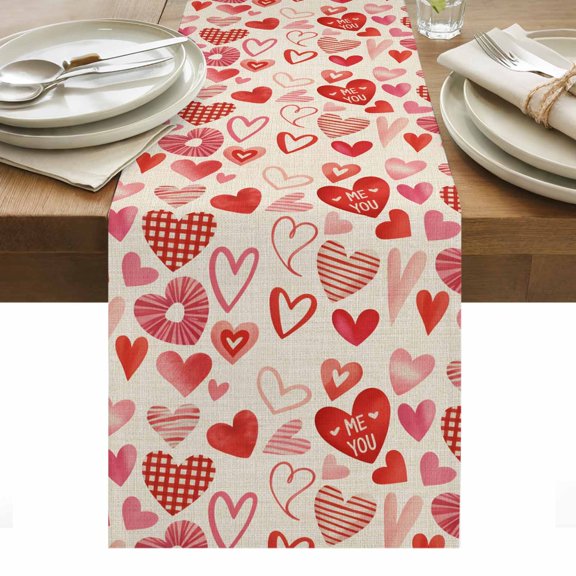 Valentine's Day Table Runner - 70 Inch Long, Kitchen Dining Table Runner Dresser Scarves, Watercolor Love Heart Romantic Me You Beige Farmhouse Decor for Coffee Tables Wedding Party Banquet
