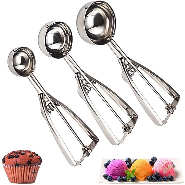 Kepooman Stainless Steel Ice Cream Scoop Set with Trigger for Cooking Baking, Set of 3, Large