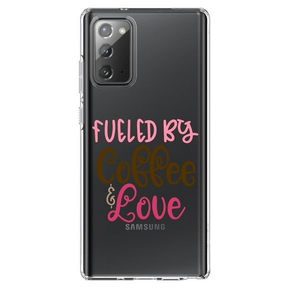 DistinctInk Clear Shockproof Hybrid Case for Samsung Galaxy Note 20 (6.7" Screen) - TPU Bumper Acrylic Back Tempered Glass Screen Protector - Fueled By Coffee & Love