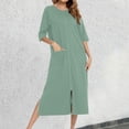 thumbnail image 2 of Falda informal cómoda de mujer, pijama holgado, camisón de manga 3/4 - Bata con cremallera, mezcla de algodón suave, dos bolsillos, largo hasta la pantorrilla, 2 of 6