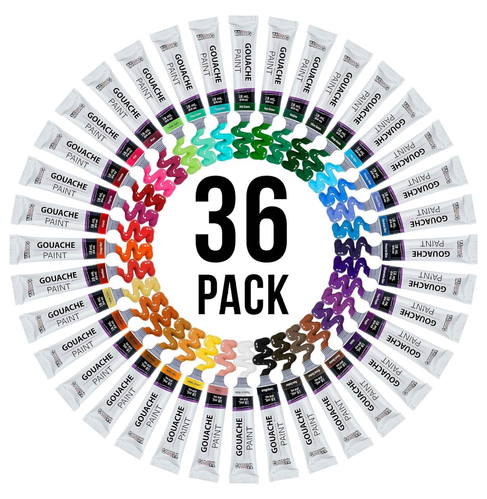 Professional 36-Color Gouache Paint Set in Large 18ml Tubes & Color Mixing Wheel - Gouache Paint Tubes for Artists, Students, Beginners