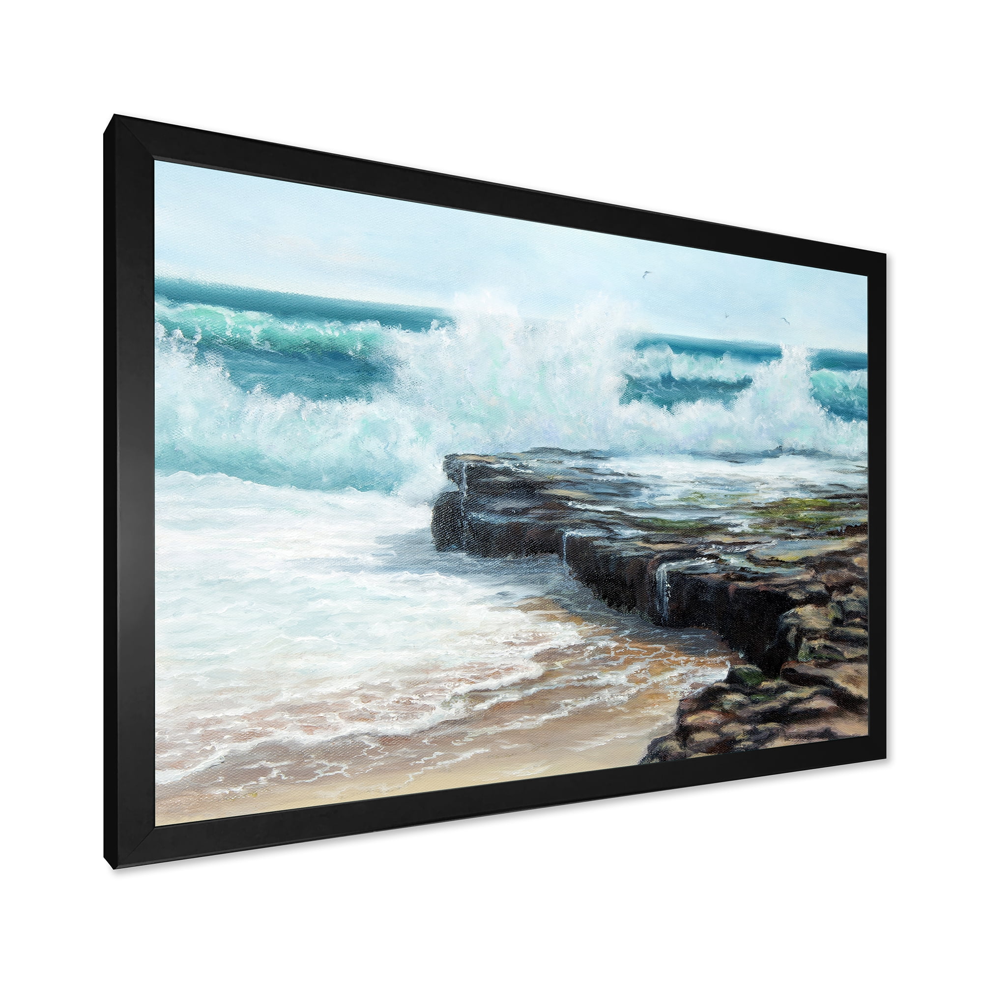 Designart 'Wild Ocean Waves Breaking On The Shore' Nautical & Coastal Framed Art Print