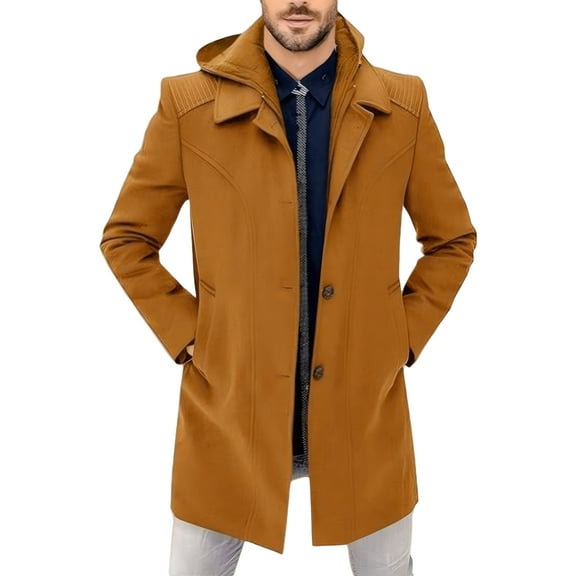 FEOYA Mens Hooded Trench Coat Wool Coat Winter Overcoat Business Coat Peacoat Jacket Thick Coat Warm Outerwear Casual Single Breasted Jacket S