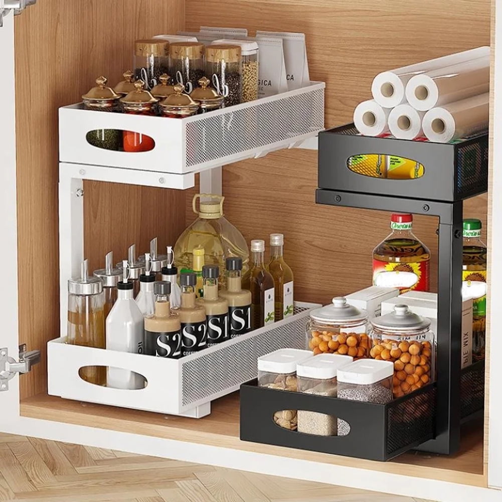 Under Sink Organizer, Height Adjustable Under Kitchen Sink Organizers And Storage Basket, Slide Out 2 Tier Metal Shelf, Pantry Cabinet Organizer For Bathroom Kitchen