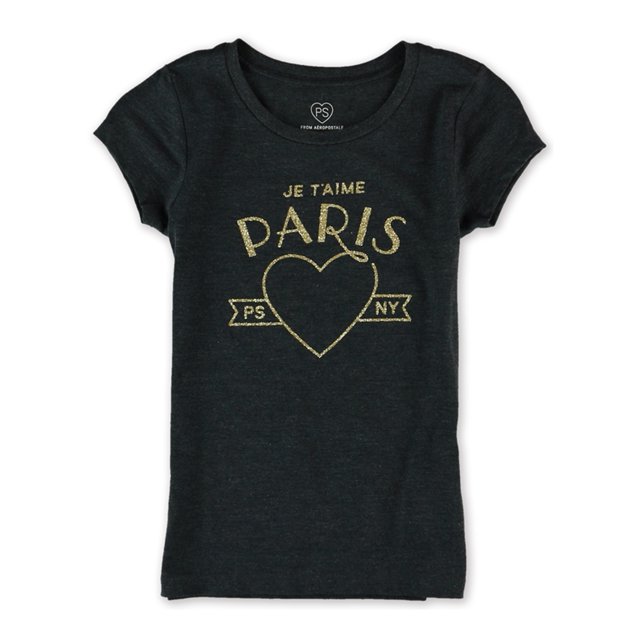 Aeropostale Girls Je Taime Glitter Camiseta gráfica, Negro, 6 Aeropostale Camiseta gráfica