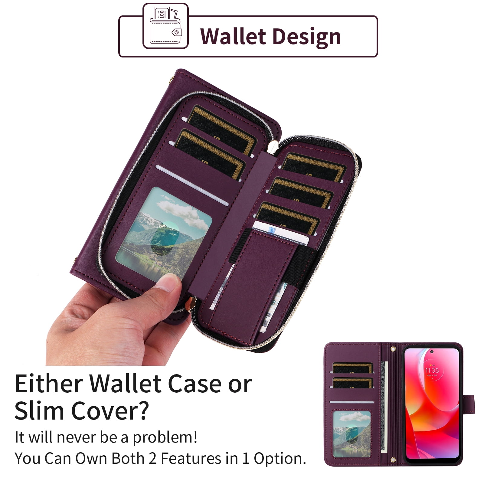 Furiet Argyle Wallet Case for Motorola Moto G Power 2022/MotoG Play 2023/G Pure 2021 with Wrist/Shoulder Strap Zipper Purse Slots Stand Phone Cover for XT2165DL XT2163DL XT2165-5 XT2271-5 Deep Purple