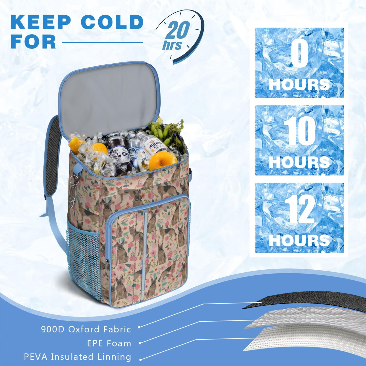 Travel Cooler Bag - German Shepherd with Flowers Camping Beer Cooler Backpack with Bottle Opener- Waterproof Insulated Picnic Backpacks - Cooler Bag for Beach