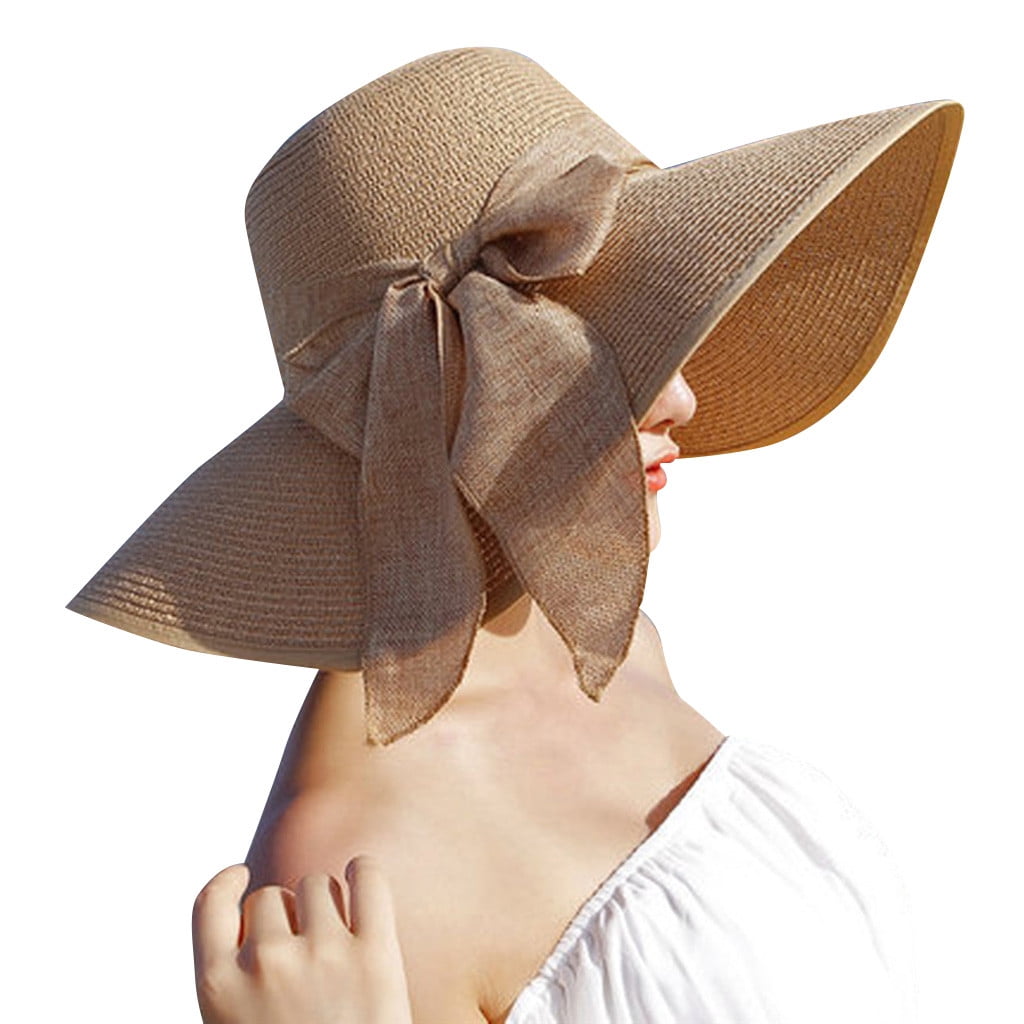 Women Wide Brim Straw Sunbonnet Foldable Summer Beach Hat with Light Blue Bowknot