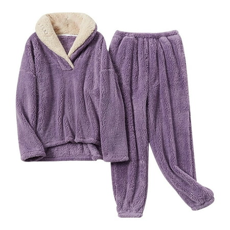 

Women 2pcs Pajamas Solid Color Flannel Long Sleeve Hoodie and Pants