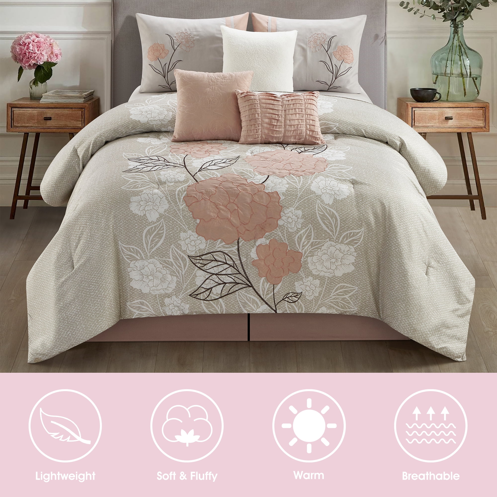 Lanco Anemone Floral 7 Piece Comforter Set Blush, Bed Size Queen, Fill Polyester