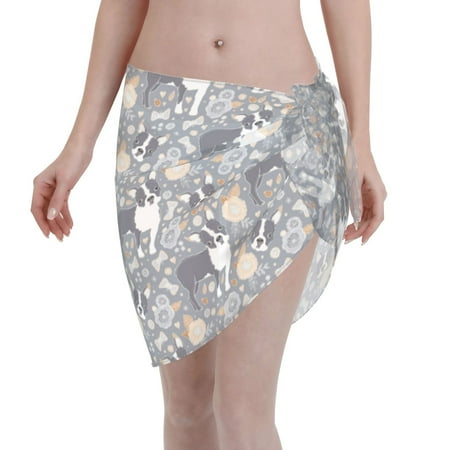 Disketp Cute Dog And Flowers Women Swimsuit Cover Up Short Chiffon Summer Beach Sarong Bikini Wrap Skirt Bathing Suit
