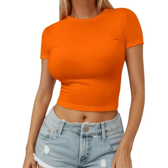 FINALGANG Womens Solid Color Crewneck Short Sleeve Crop Top Stretchy Slim Fit Casual Basic Tees For Summer Workout Daily Wear Orange XL