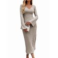 thumbnail image 3 of Womens V Neck Casual Knitted Long Sleeve Maxi Dress Slim Fit Ribbed Out Fall Winter Fashion Clothes Khaki L, 3 of 9