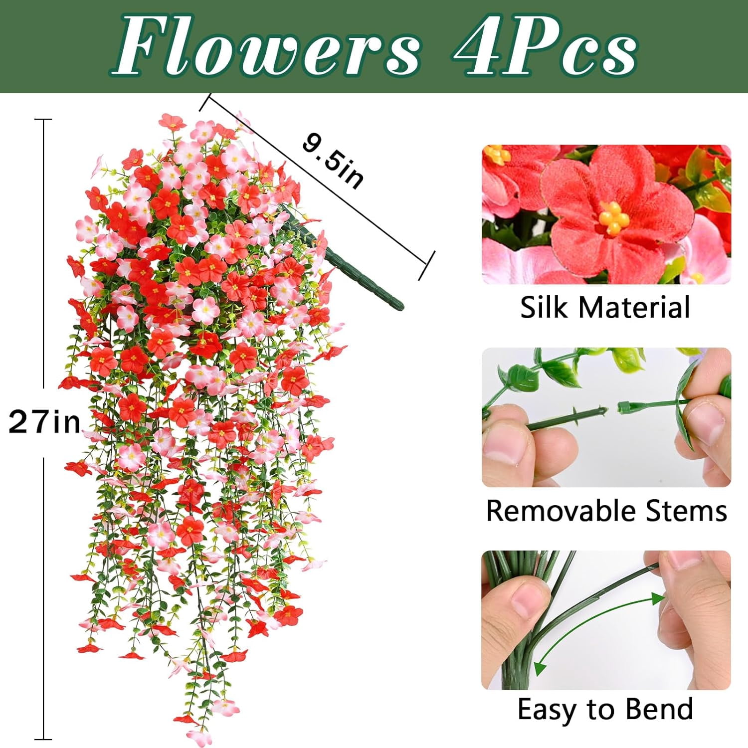 Yastouay 4pcs Artificial Hanging Flowers for Outdoors, UV Resistant Fake Flowers,Red Violet Outdoor Faux Plants for Garden Balcony Yard Porch