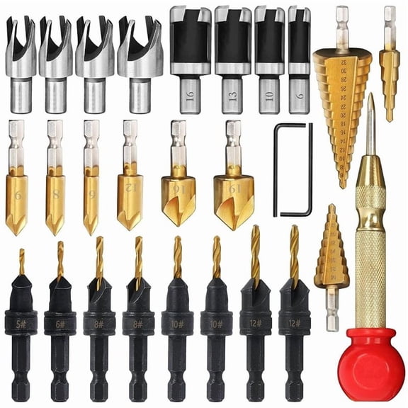 28 Pcs Woodworking Chamfer Drilling Tools, Including Countersink Bit, Wood Plug Cutter Drill Bit Set
