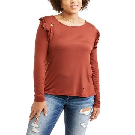Juniors' Plus Distressed Ruffle Sleeve Top