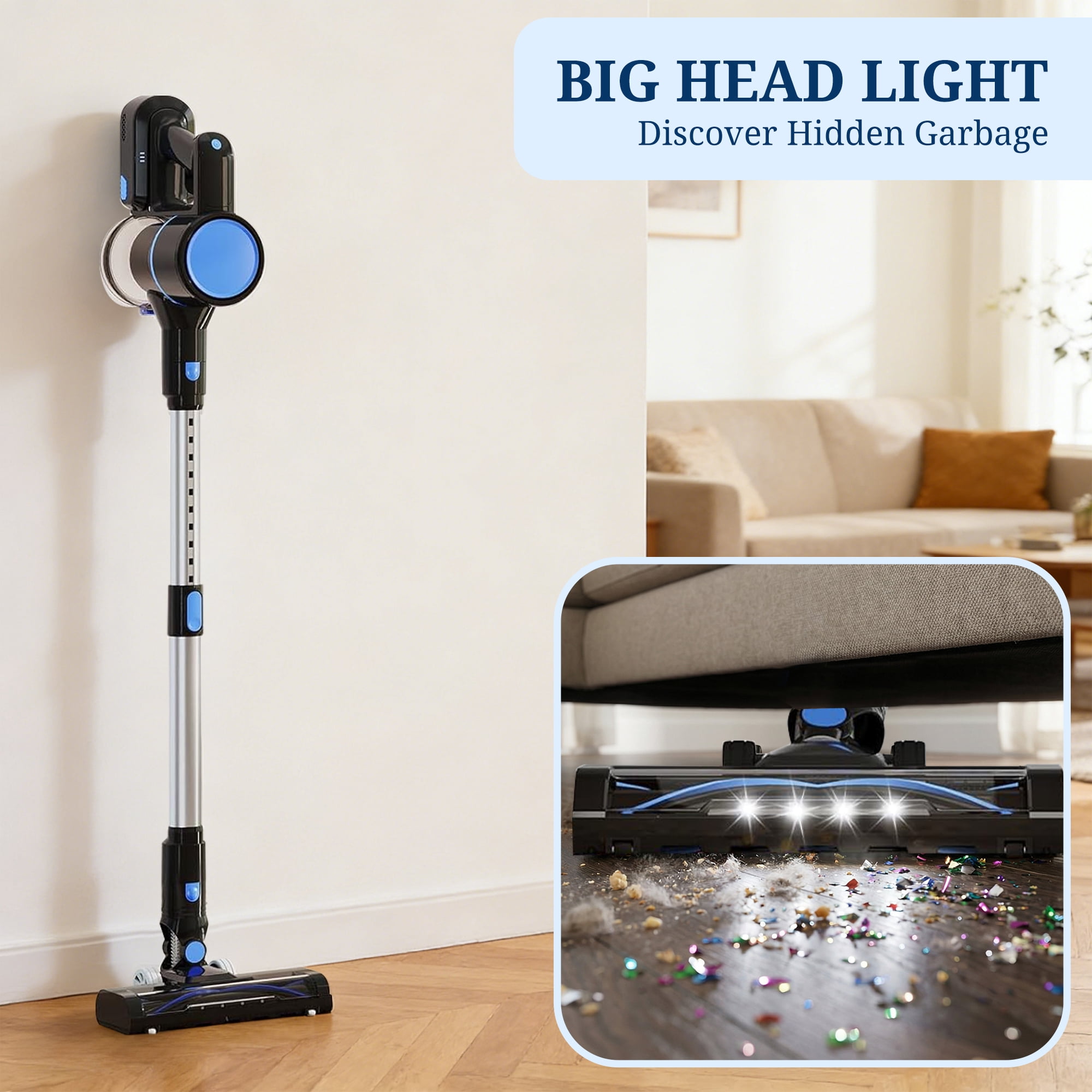 Atilioo Cordless Vacuum Cleaner for Home, Removable Handheld Lightweight Stick Vacuum with LED Headlights for Pet Hair, Hard Floor, Carpet, Silver
