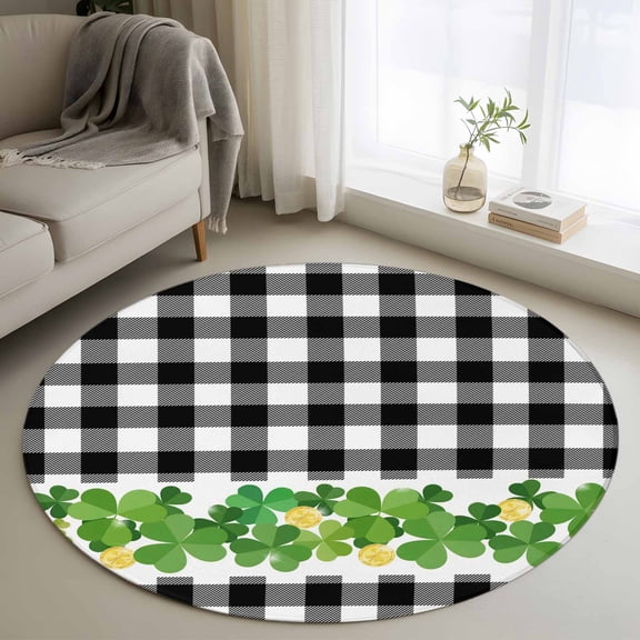 Small Round Rug 3Ft Washable Non-Slip, St. Patrick's Day Circle Area Rugs for Living Room Bedroom, Green Shamrock Grasses Black White Plaid Indoor Floor Mats Carpet Runner for Home Decor