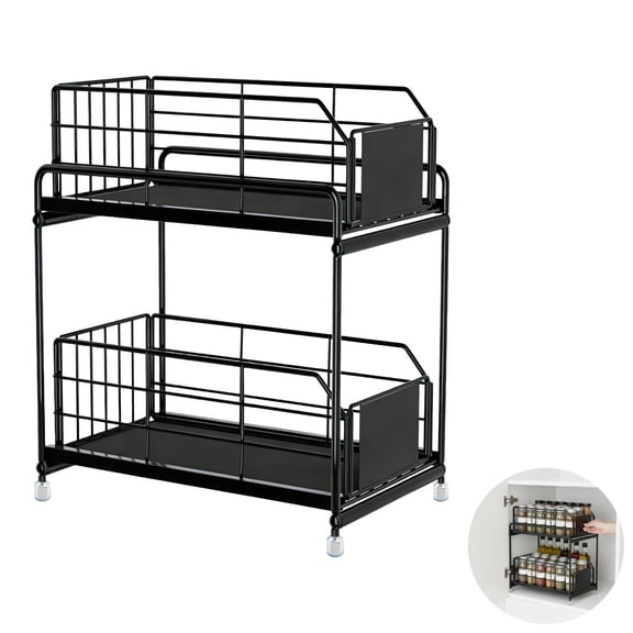 Pull Out Cabinet Organiser, 2-Tier Spice Rack, Kitchen Cupboard Organiser, Heavy Duty Metal Spice Rack Shelf, 14.2 x 7.5 x 12.6 in, Black Double Layer Design