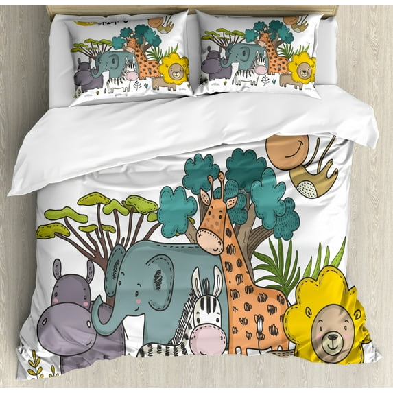 Animal Duvet Cover Set Queen Size, Cartoon Fauna Childish Jungle Friends in Colorful Style Graphic Illustration, Decorative 3 Piece Bedding Set with 2 Pillow Shams, Multicolor, by Ambesonne