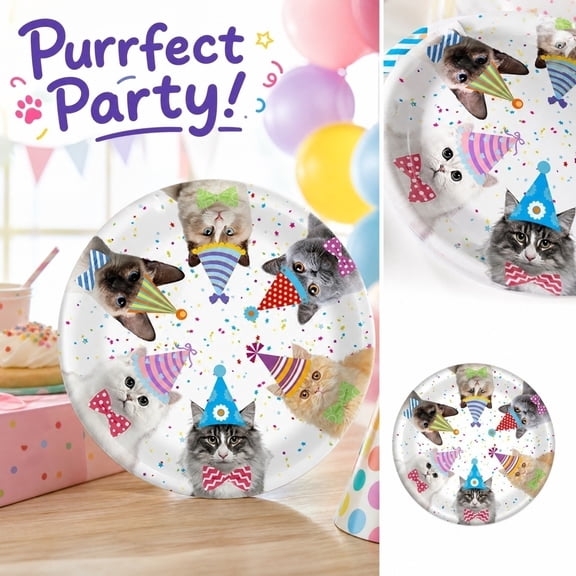 Cat Party Paper Plates 10 Pack 9 Inch Disposable Dessert and Snack Plates with Cat Theme Print for Pet Birthday Party