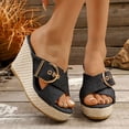 thumbnail image 2 of Rokment Womens Espadrilles Platform Wedge Sandals Trendy Casual Denim Leopard Buckles Open Toe Chunky High Heels Slip on Summer Dress Slides 2026 Black Size 6.5, 2 of 5