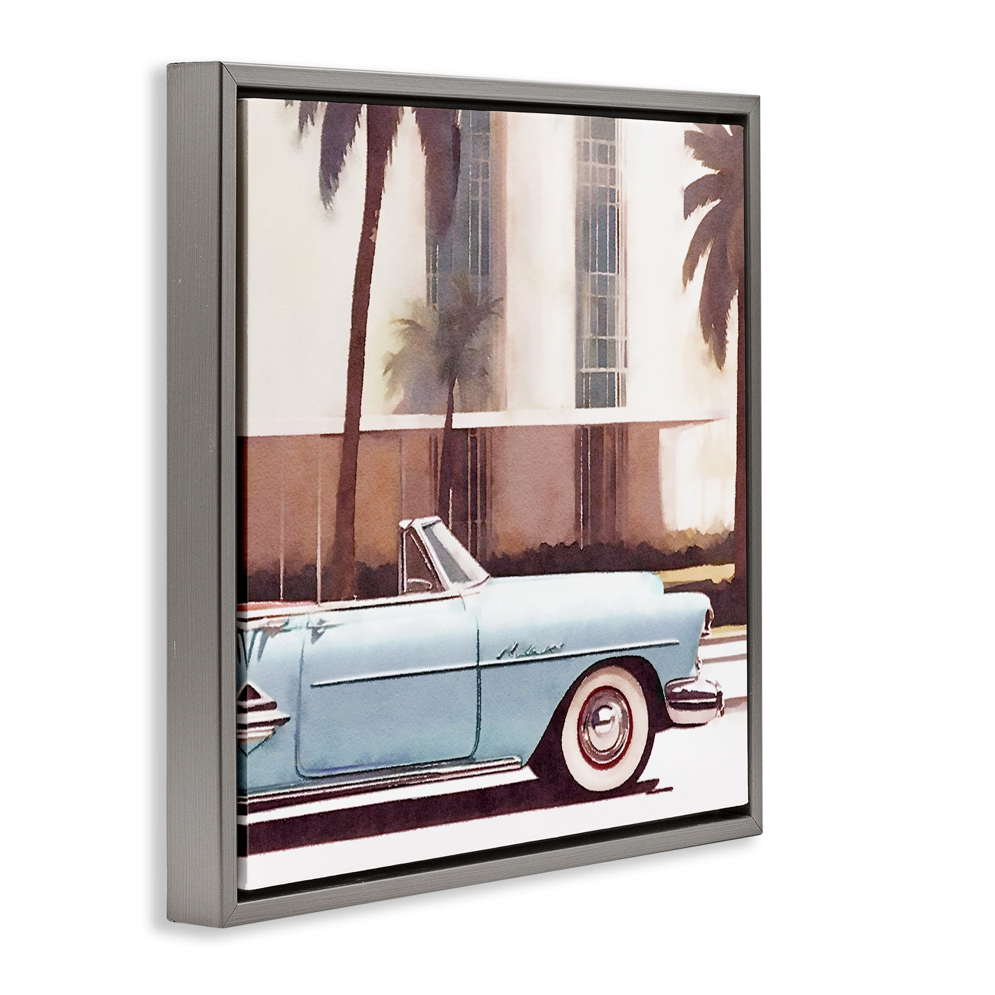 Stupell Industries Tropical Scene Classic Car Transportation Painting Gray Floater Framed Canvas Art Print Wall Art, 25 x 25
