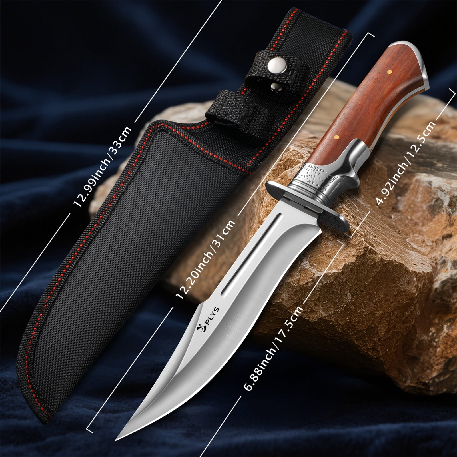 Plys Hunting Knife with Nylon Sheath, 6.9 inch Fixed Blade Outdoor Knife, Full Tang Camping Survival Tactical Knife
