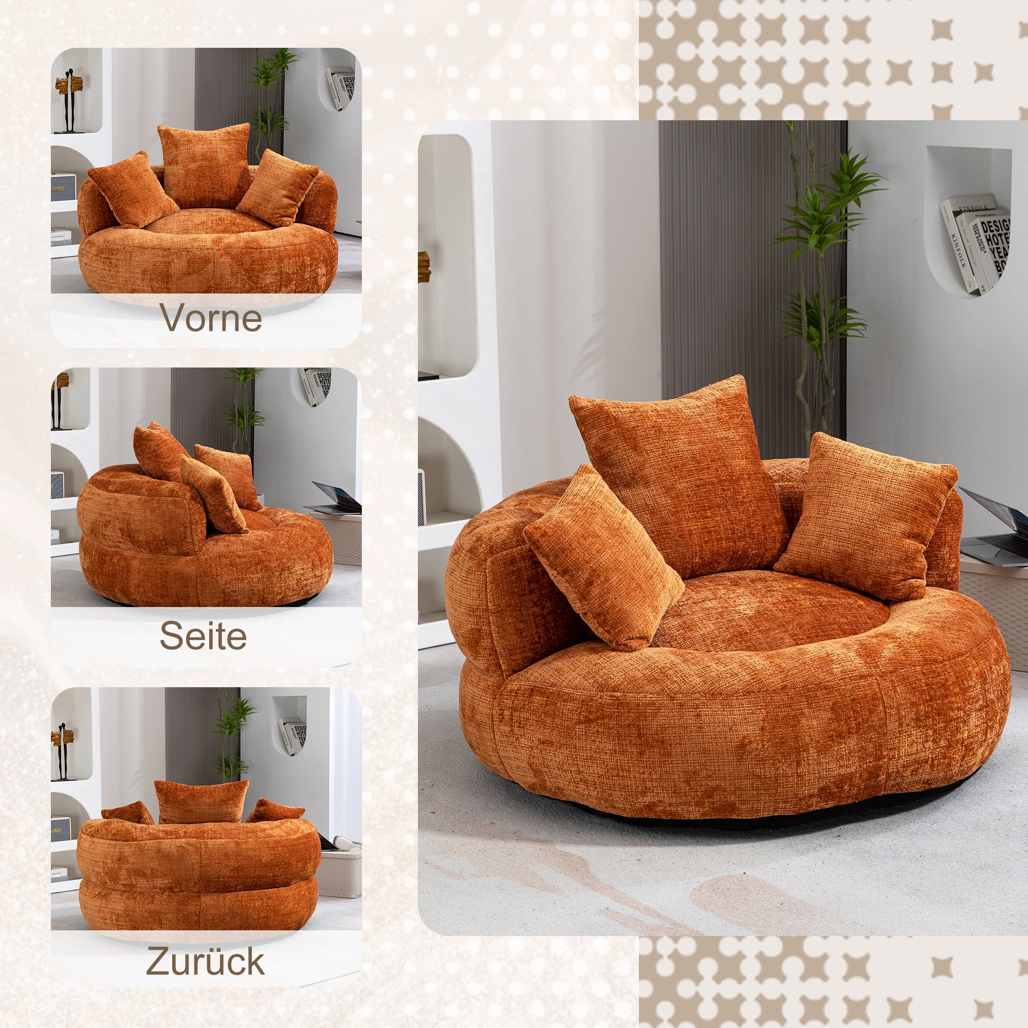 MOONMISS Chenille High Back Lazy Boy Sofa with Throw Pillows for Adults and Children, Indoor Outdoor, Orange
