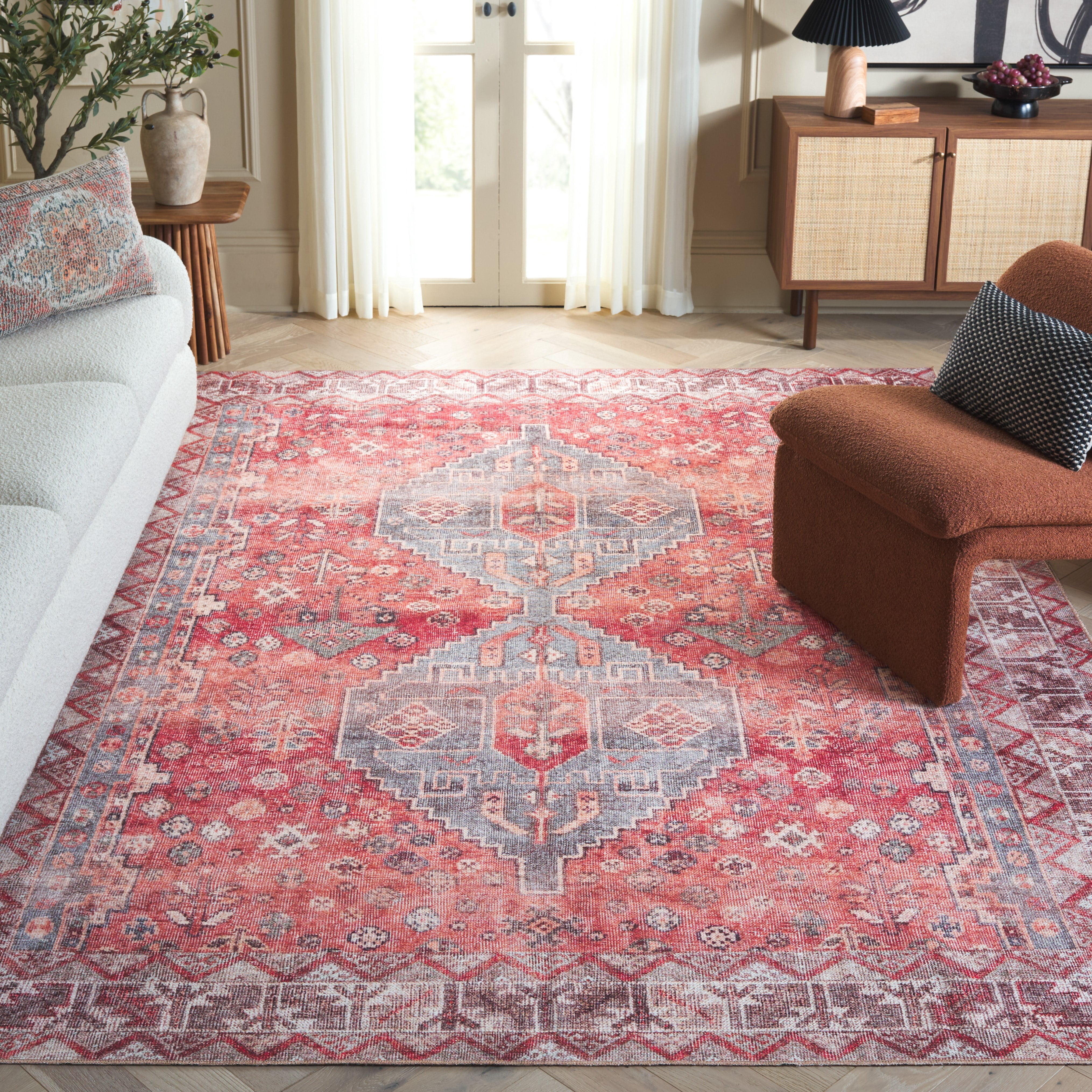 SAFAVIEH Vintage Serapi Tessan Medallion Machine Washable Area Rug, Red/Blue, 8' x 10'