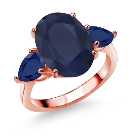 Gem Stone King 18K Rose Gold Plated Silver Blue Sapphire Ring for Women (8.35 Cttw, 14X10MM Oval and 7X5MM Pear Shape, Gemstone September Birthstone, Size 6)