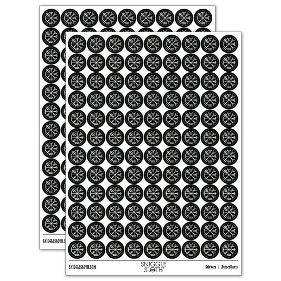 Viking Vegvisir Norse Protection Rune 200  Round Stickers - Black - Gloss Finish - 0.50" Size