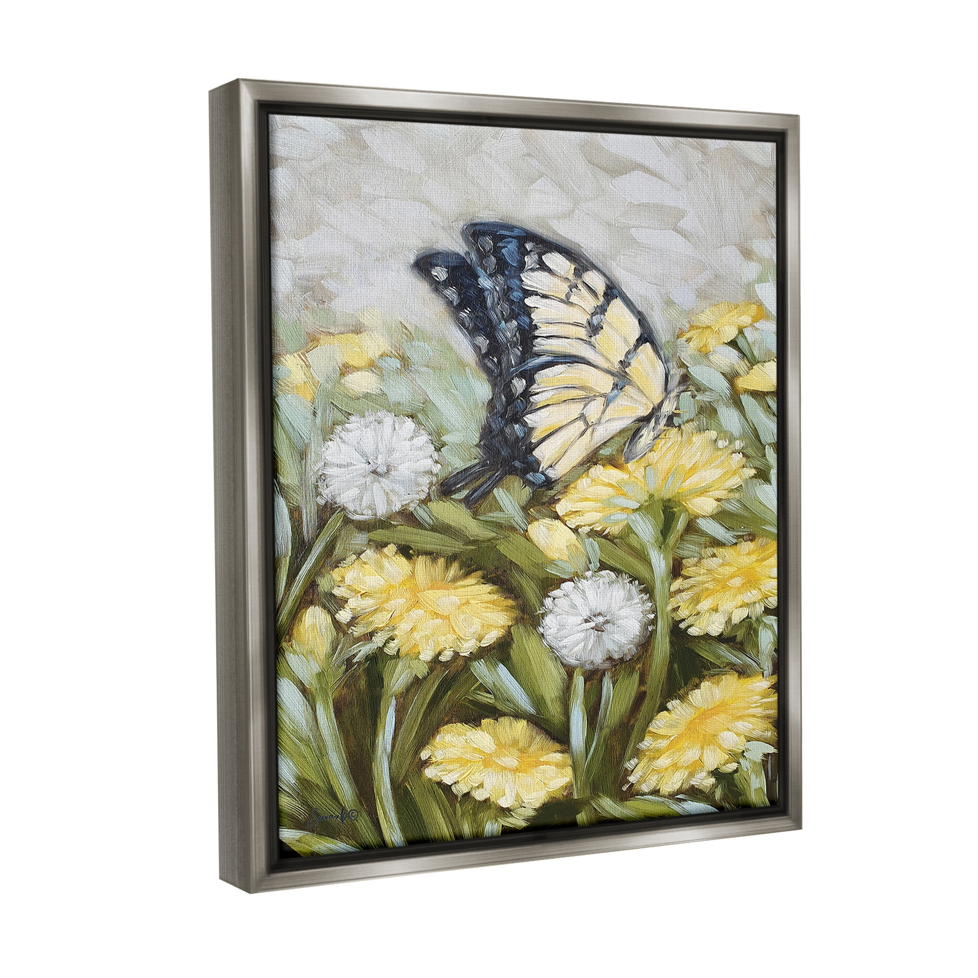 Stupell Industries Butterfly & Yellow Daisies Botanical & Floral Painting Gray Floater Framed Canvas Art Print Wall Art, 25 x 31