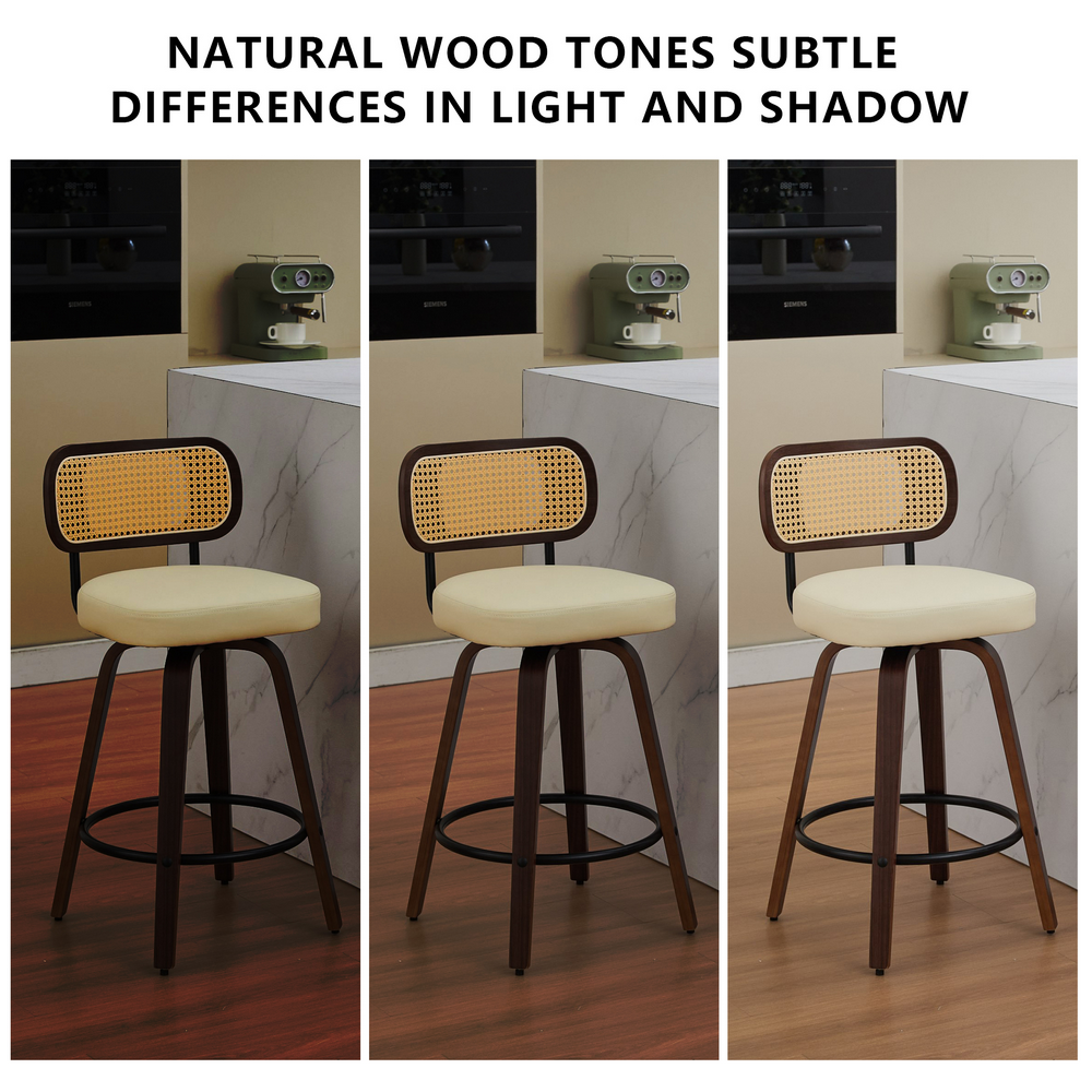 thumbnail image 2 of Bocarali 26 in. Swivel Counter Height Bar Stools Set of 3, Faux Leather Upholstered Bar Chairs with Rattan Back, Mid-Century Modern Counter Stools with Walnut Bentwood Leg for Kitchen Island, Beige, 2 of 6