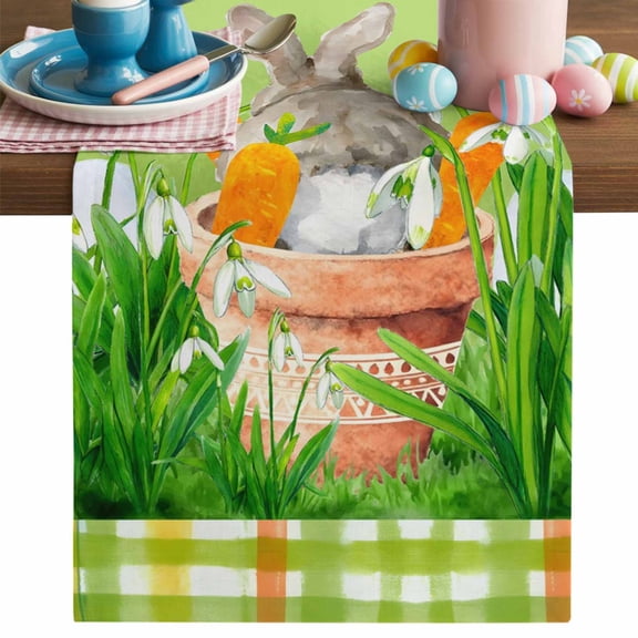 Easter Bunny Table Runner, Spring Bunny Sitting on A Flowerpot Carrot Flower Green Cotton Linen Kitchen Table Decoration Washable Dining Tabletop Runners for Home Party Decor 13x36 Inches