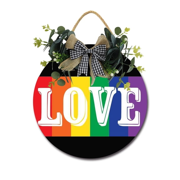 Love Rainbow Front Door Sign Funny Wreaths Hanging Wooden Plaque Decoration Round Rustic Wood Farmhouse Porch Decor for Home Front Door Decor, 11 x 11 Inch