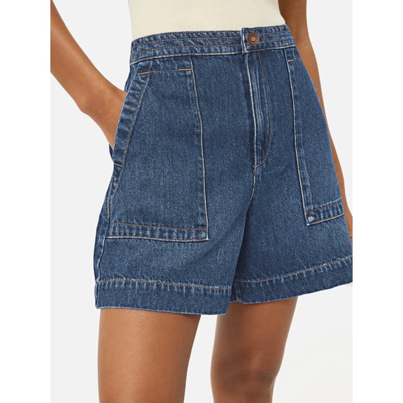 Women High Waist Denim Shorts, Casual Wide Leg Cargo Jean Shorts with Patch Pockets