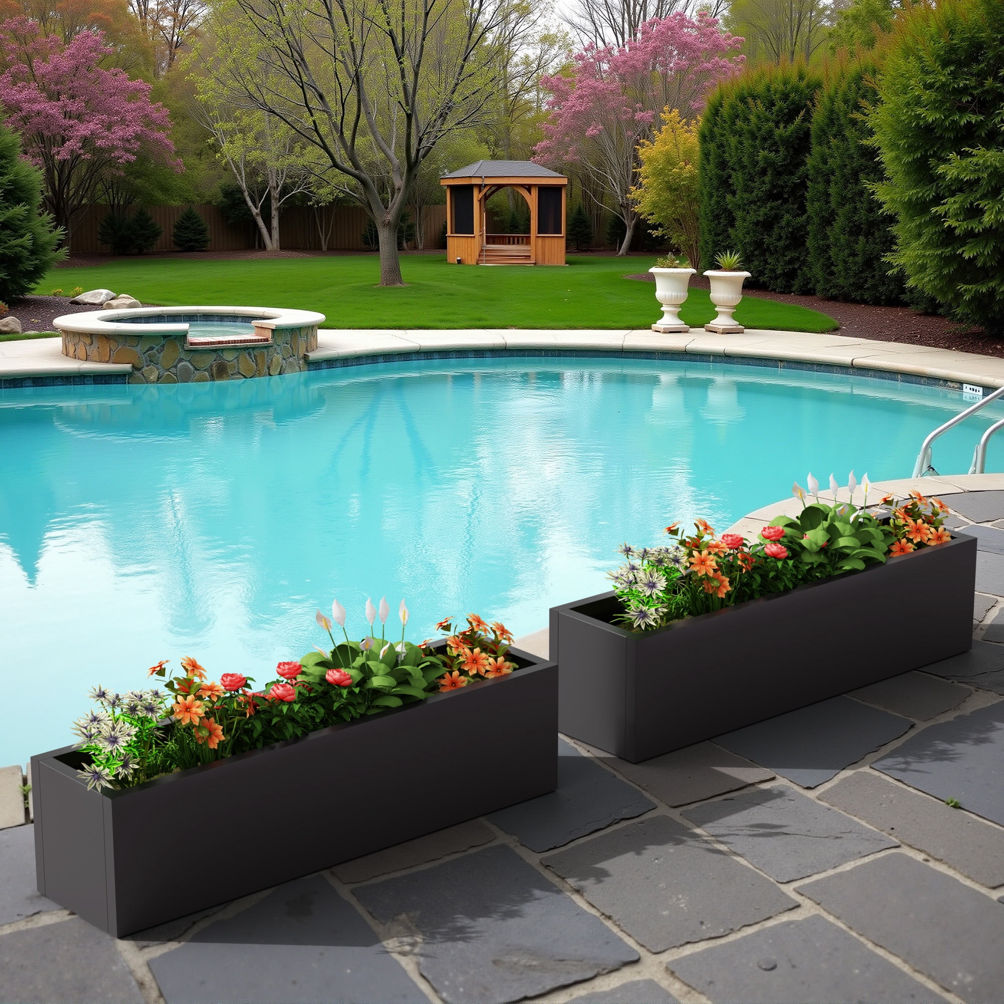 MAYEERTY 36*9*9" Black Modern Metal Rect Planter with Drainage Hole for Outdoor Gardening & Patio