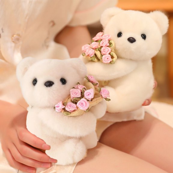 Snot Bear Embracing Flower Rose Plush Decor Cute Flower-Hugging Rabbit Dolls Plush animal keychain Bag Hanging Decoration for Valentine's Day Gift Home Decor