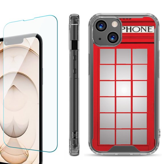 Shockproof Bumper Phone Case for iPhone 13, with Tempered Glass Screen Protector, by OneToughShield ® - Phone Booth Red