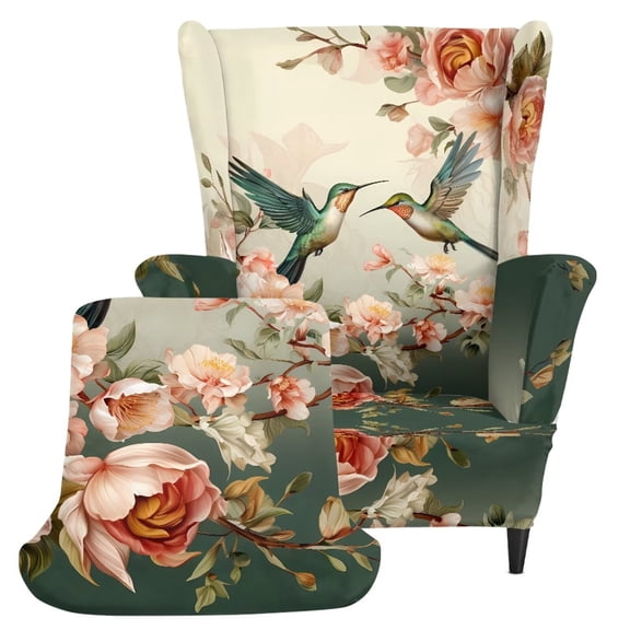 COEQINE Wingback Chair Cover Retro Hummingbird Floral Wing Backed Chair Slipcover, Separate Cushion Cover, Stretch Furniture Protector, Machine Washable, Non-Slip