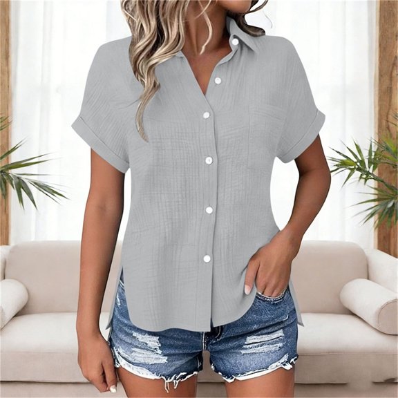 Womens Short Sleeve Tops Button Down Lapel Shirts for Women Side Split Solid Color Summer Tees with Pocket Gifts for Mom