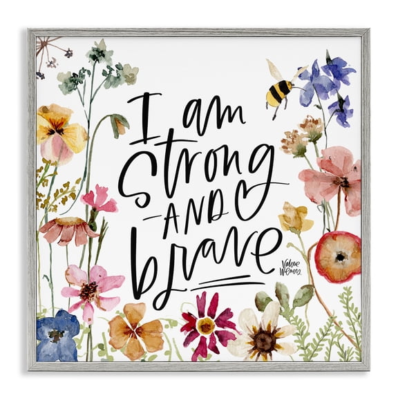 Stupell Industries Farmhouse I Am Strong & Brave Inspirational Gray Framed Giclee Art, 17 x 17, by Valerie Wieners