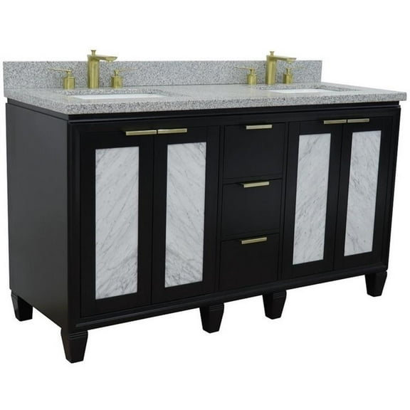 Trento Double Rectangle Sink Solid Wood Vanity in Blue/Gray Granite Stone
