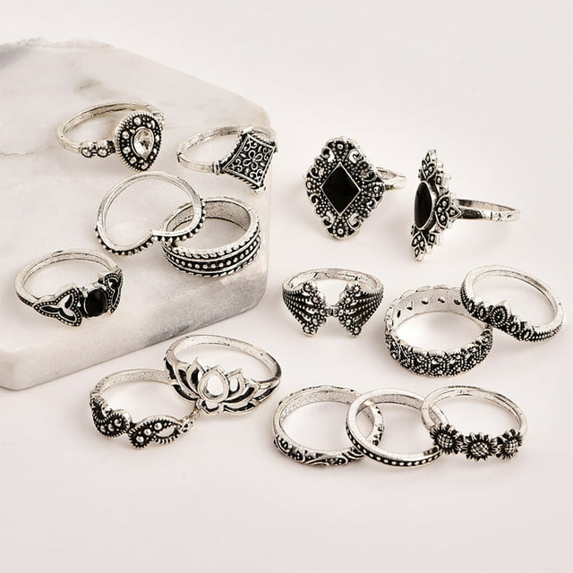 15pcs Girls Bohemian Retro Flower Ring Female Antique Rings Jewelry Hand Ornament Holiday Gift