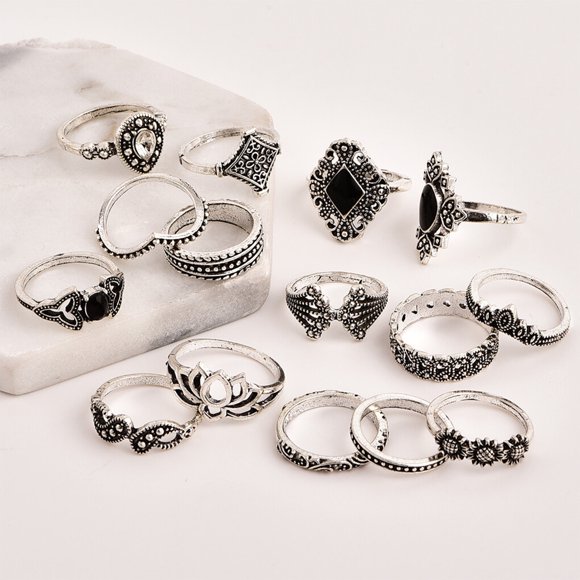 15pcs Girls Bohemian Retro Flower Ring Female Antique Rings Jewelry Hand Ornament Holiday Gift